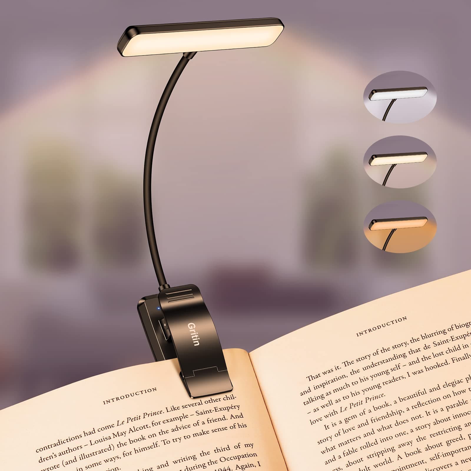 Gritin 19 LED Rechargeable Book Light for Reading in Bed with Memory Function- Eye Caring 3 Color Temperatures,Stepless Dimming Brightness,80 Hrs Runtime Lightweight Clip on Light for Book Lovers Black