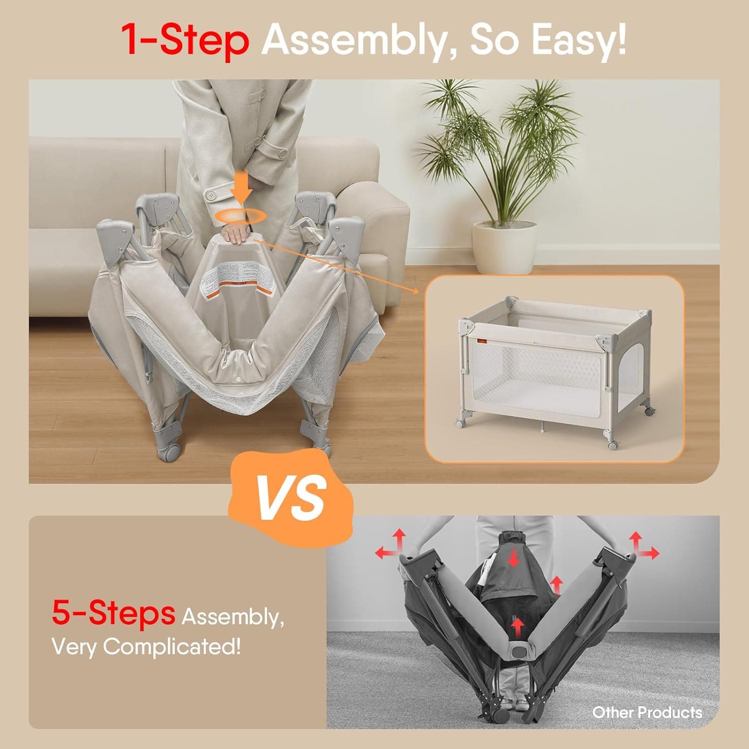 4 in 1 Baby Bassinet, Pack and Play, Bedside Crib Sleeper, Diaper Changer, Quickly Assembled and Folded Portable Crib with Mattress and Mosquito Net, Easy to Carry Beige - Image 6