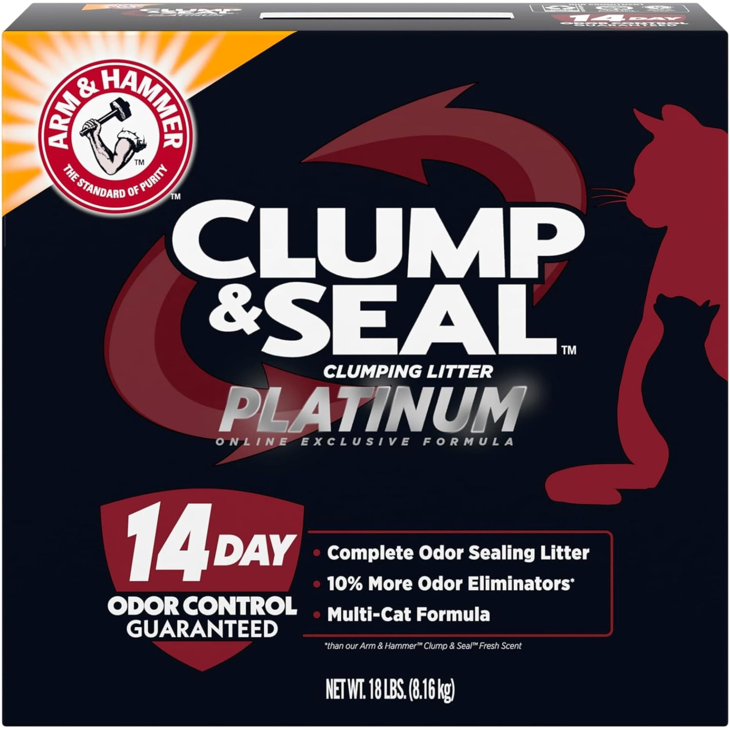ARM & Hammer Clump & Seal Platinum Cat Litter, Multi-Cat, 14-Day Odor Control, Rock-Hard Clumps, 18 lbs – Powerful Odor Eliminator with Baking Soda 18 lbs Clump & Seal Platinum Clumping Cat Litter