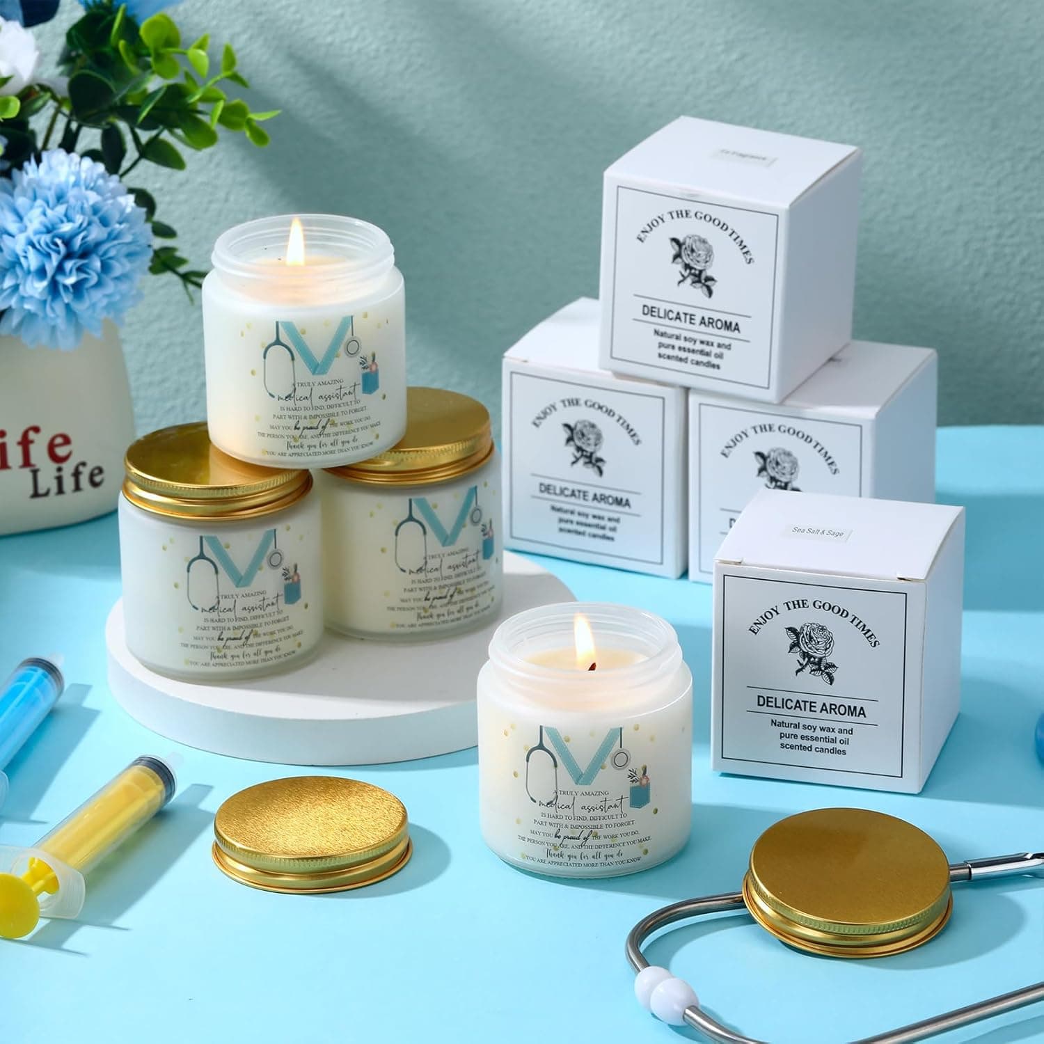 Nuanchu 4 Pcs Medical Assistant Gifts Soy Scented Candles Bulk Aromatherapy Jar 3.5 oz Soy Wax 4 Styles Scented Candles Presents for Women Nurse Week Thanksgiving Christmas Birthday Medical Assistants Gold 4 - Image 6