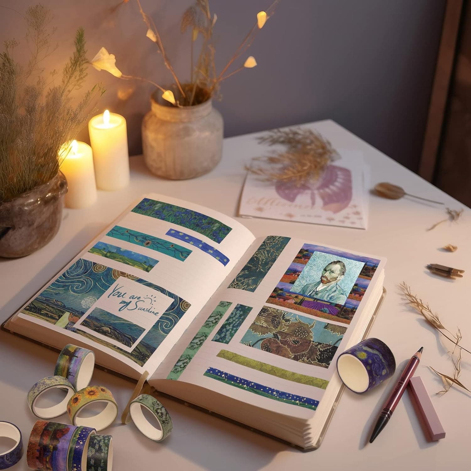 Washi Tape Set, 36 Rolls Van Gogh Vintage Gold Washy Tape, Wide Decorative Tape for Journaling, Scrapbooking Supplies,Vision Board Supplies, 6 Sizes Craft Watercolor Tape Van Gogh Themed - Image 6