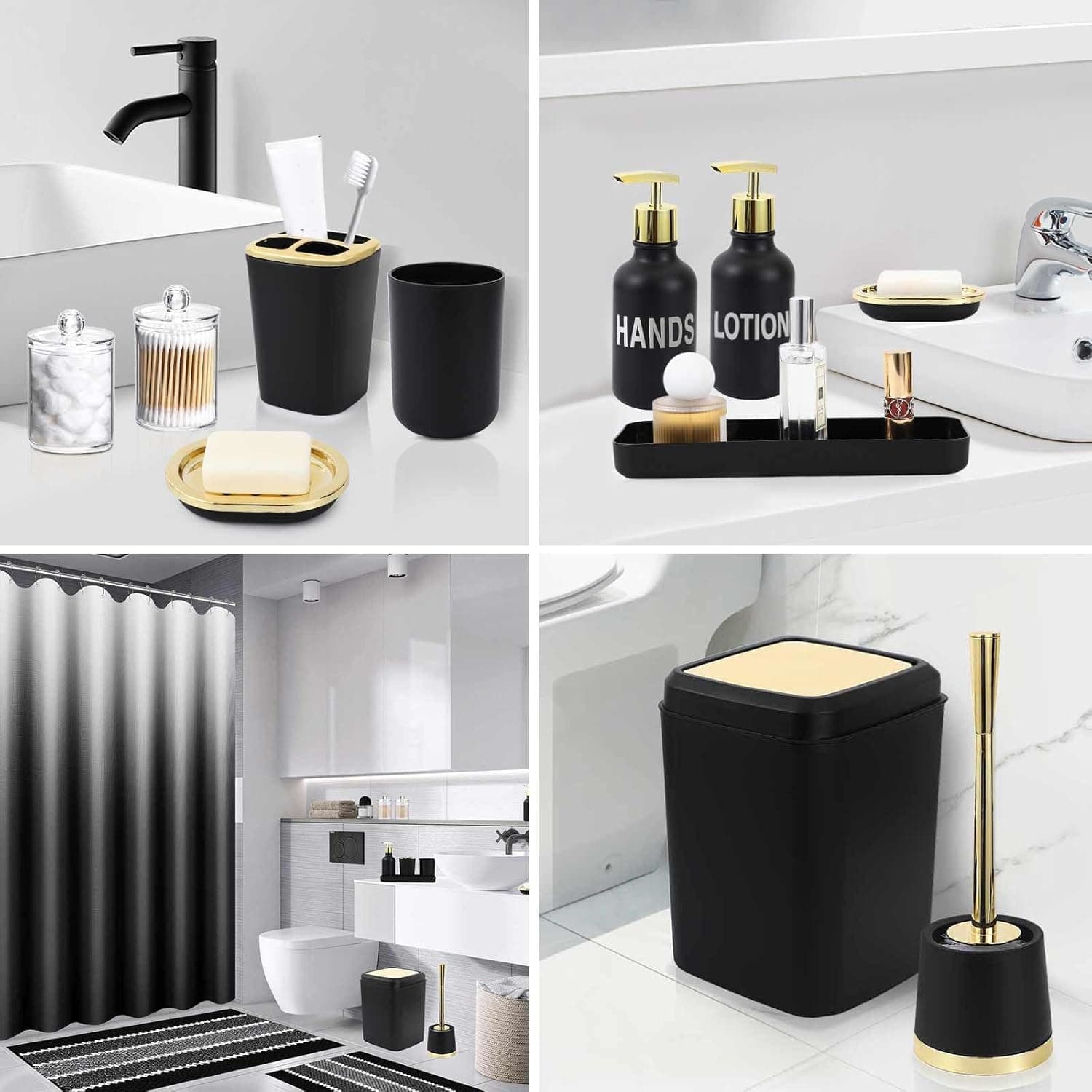 25PCS Black Bathroom Accessories Sets Complete, with Shower Curtain, Rugs, Trash Can and Toilet Brush, Soap Dispenser, Toothbrush Holder and Cup, Soap Dish, Qtip Holder, Bathroom Decor Sets Black Bathroom Set Complete-Gold - Image 8