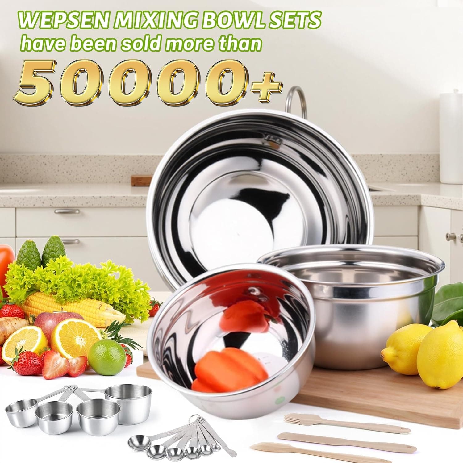 Mixing Bowls Set, 27PCS Khaki Mixing Bowls With Lids Set Stainless Steel Kitchen Large Nesting Metal Bowl 7QT to 1.5QT, Measuring Cups and Spoons for Prepping Cooking Serving Khaki Bowls Set - Image 3