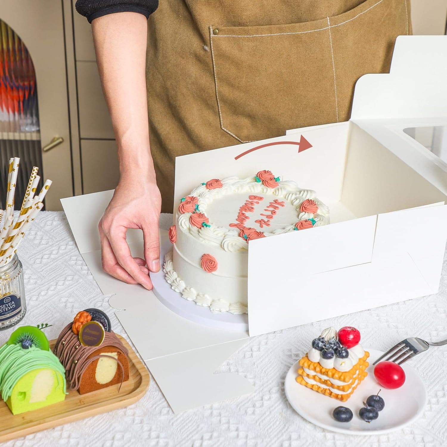 Moretoes 24pcs Cake Boxes, 10x10x5 Inches White Square Bakery Boxes with Window Cajas Pasteles for Cake, Mother's Day, Pastries, Chocolates, Cookies, Pie, Birthday Party, Wedding 24pcs-10*10*5 - Image 8