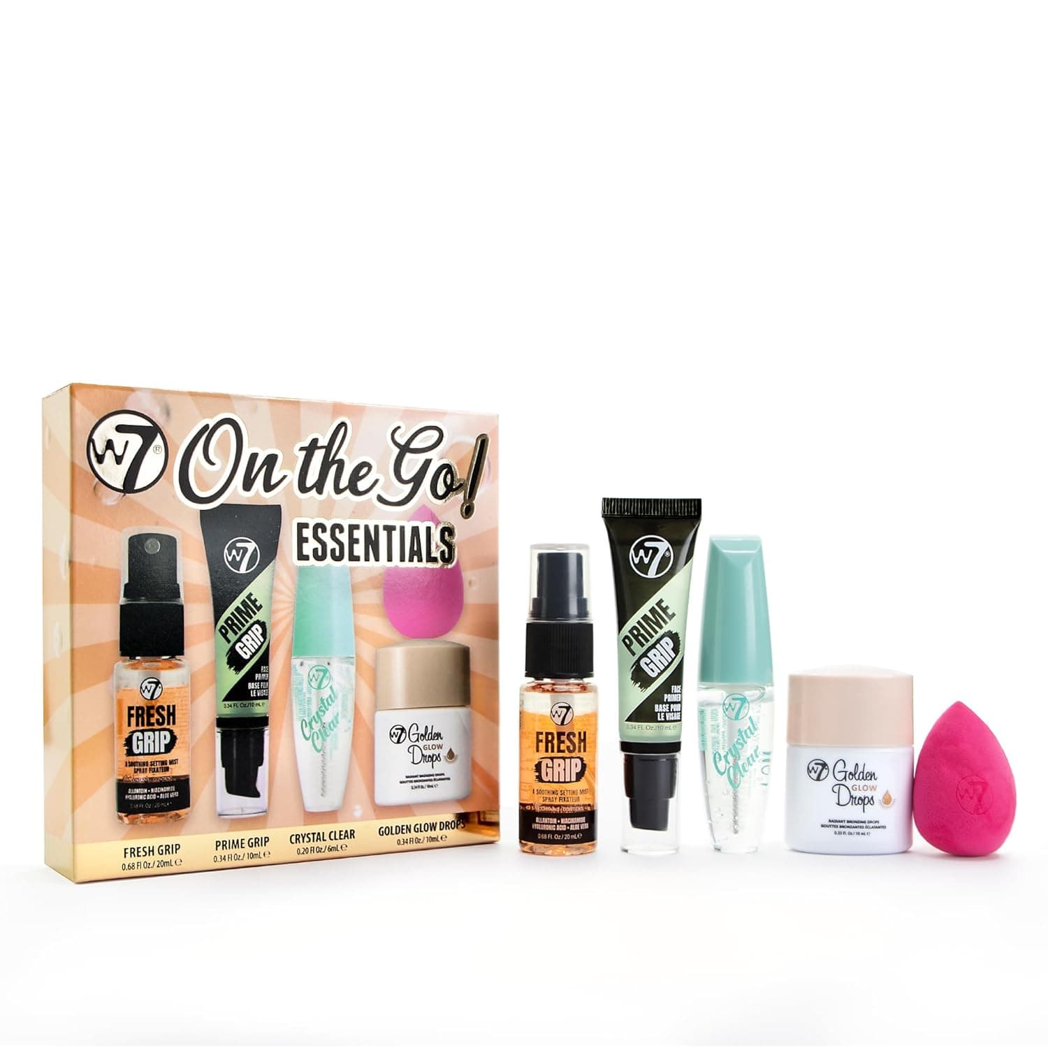 W7 On the Go Essentials Gift Set - Mini Makeup Must-Haves with Primer, Setting Spray, Mascara, Golden Glow Bronzing Drops & Beauty Sponge - Travel or Handbag Size Essentials - Image 2