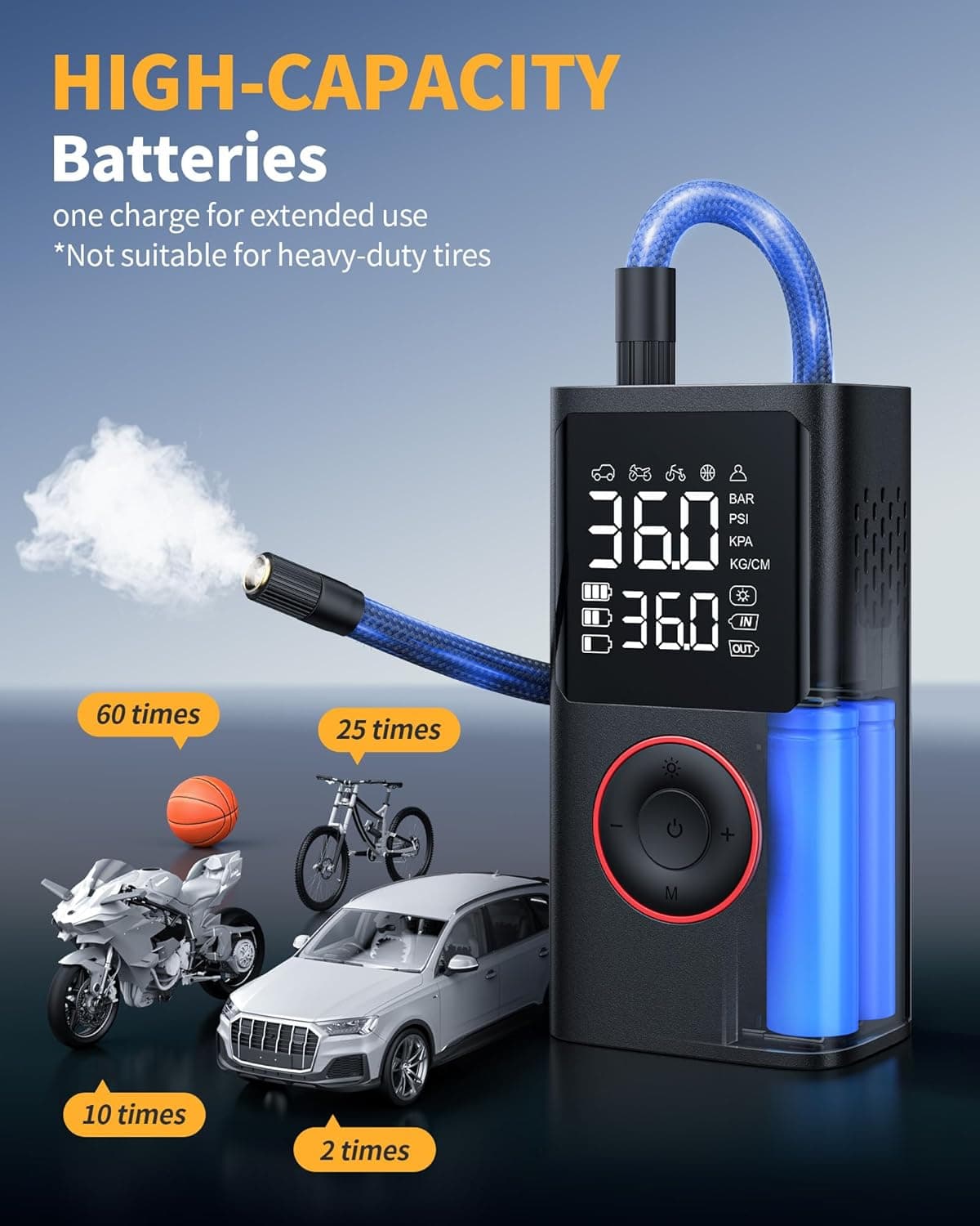 Tire Inflator Portable Air Compressor, 150 PSI Cordless Bike Pump, Air Pump for Auto, Motorcycle, Bicycle, Balls with Pressure Gauge, LED Light & Car Accessories, Black, Standard Capacity Standard Capacity Black - Image 4