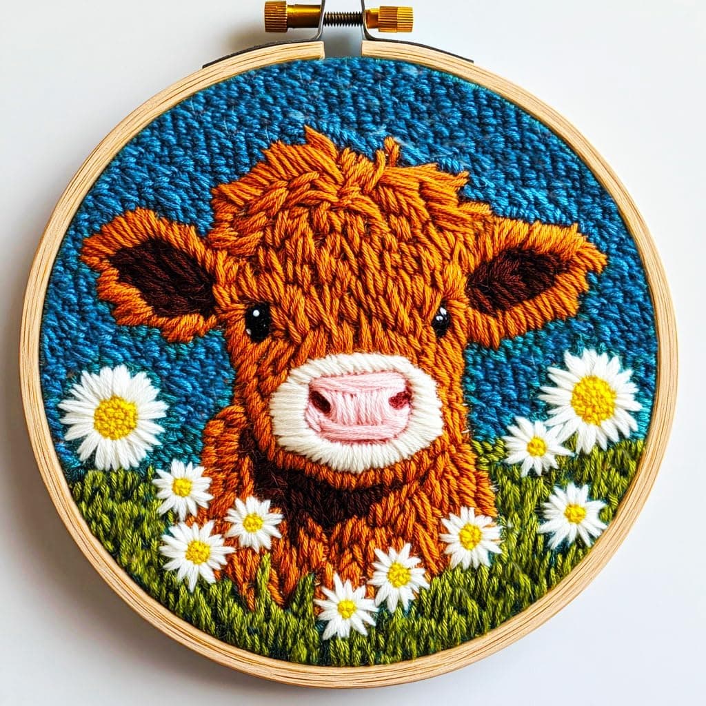 DIY Punch Needle Kits for Beginners Cute Cartoon Highland Cow with Daisy Flower with Hoop Embroidery Punch Needle Starter Craft Set Easy for Adults and Children Festival Gift and Decoration 20x20cm-1 01-Highland Cow - Image 2