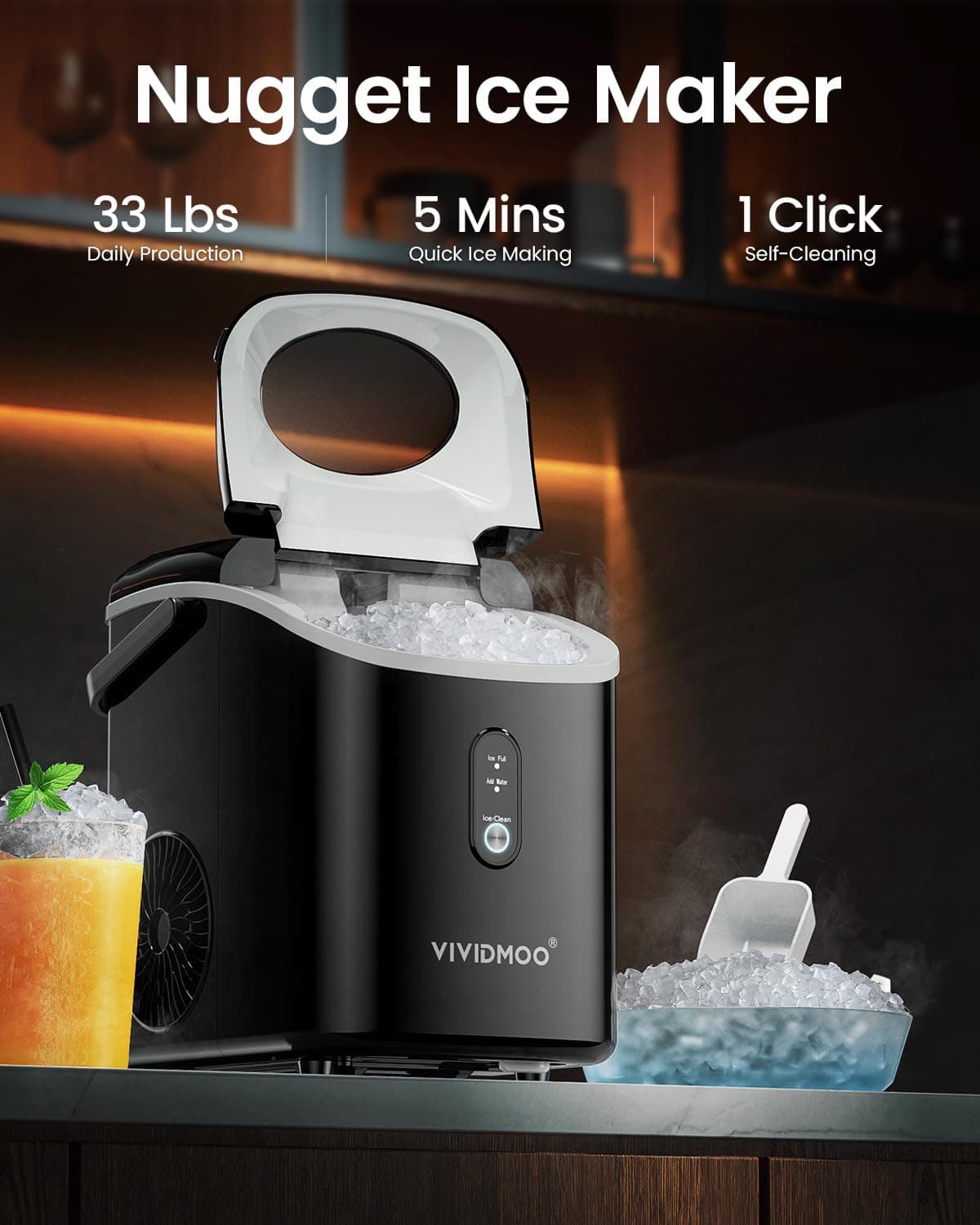 Nugget Ice Maker Countertop, 34lbs/Day, Portable Sonic Pebble Ice Maker with Self-Cleaning, Fast Ice in 6 Mins, Compact Crushed Pellet Ice Machine for Home/Office/Kitchen/RV/Camping, Black Black ICE - Image 2