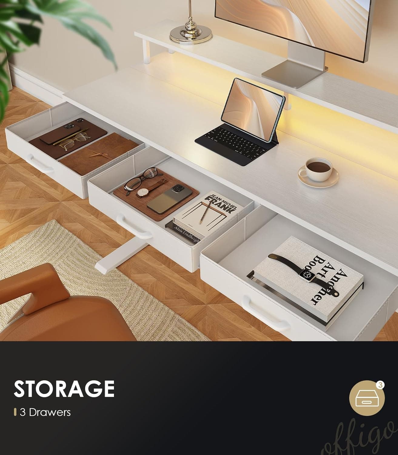 OffiGo Electric Standing Desk with Drawers, 55 Inch Height Adjustable Desk with Power Outlets & LED Lights, Sit Stand Table with Monitor Stand for Home, Office, Workstation, White White 55 Inch - Image 7