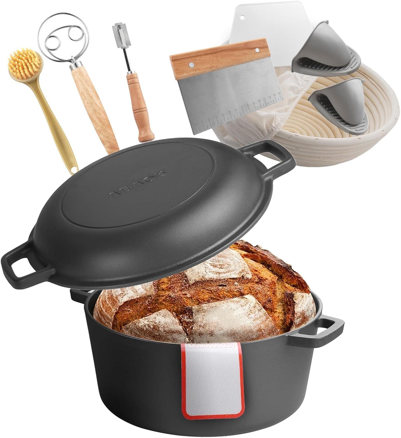 VEVOR Cast Iron Dutch Oven, 2-in-1 Pre-Seasoned Pot with Skillet Lid, 5QT Cookware Pan with Proofing Basket, Bread Baking Accessories, Bread-Oven Compatible 500℉ - Image 2
