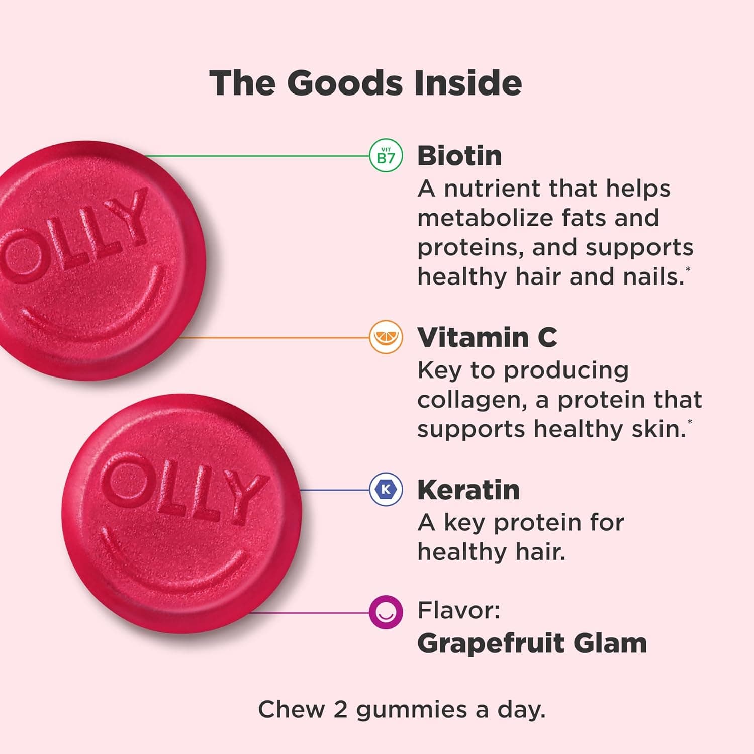 OLLY Undeniable Beauty Gummy, For Hair, Skin, Nails, Biotin, Vitamin C, Keratin, Chewable Supplement, Grapefruit, 30 Day Supply - 60 Count 60 Count (Pack of 1) - Image 4