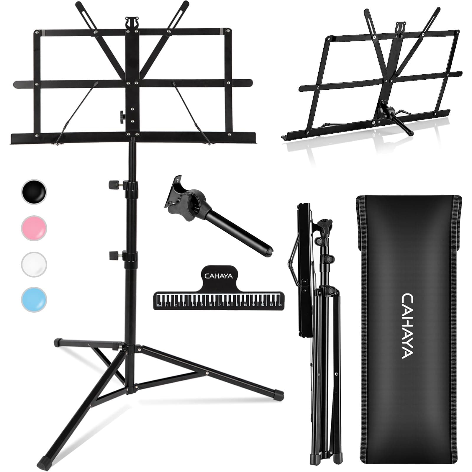 CAHAYA Portable Sheet Music Stand: Dual Use Desktop Book Holder Folding Lightweight Extra Stable Reinforced with Carrying Bag and Clip for Students Musicians Height Adjustable up to 54.3" CMS0204 Standard Version Black