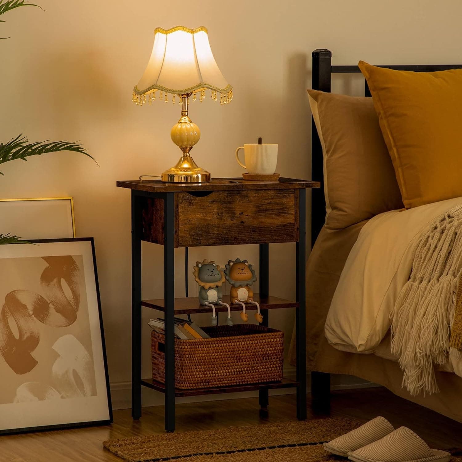 HOOBRO End Table with Charging Station, Narrow Side Table, Flip Top Nightstand with USB Ports and Outlets, Bedside Tables with Shelf for Small Spaces, Living Room, Rustic Brown BF341BZ01 1 Rustic Brown + Black - Image 3