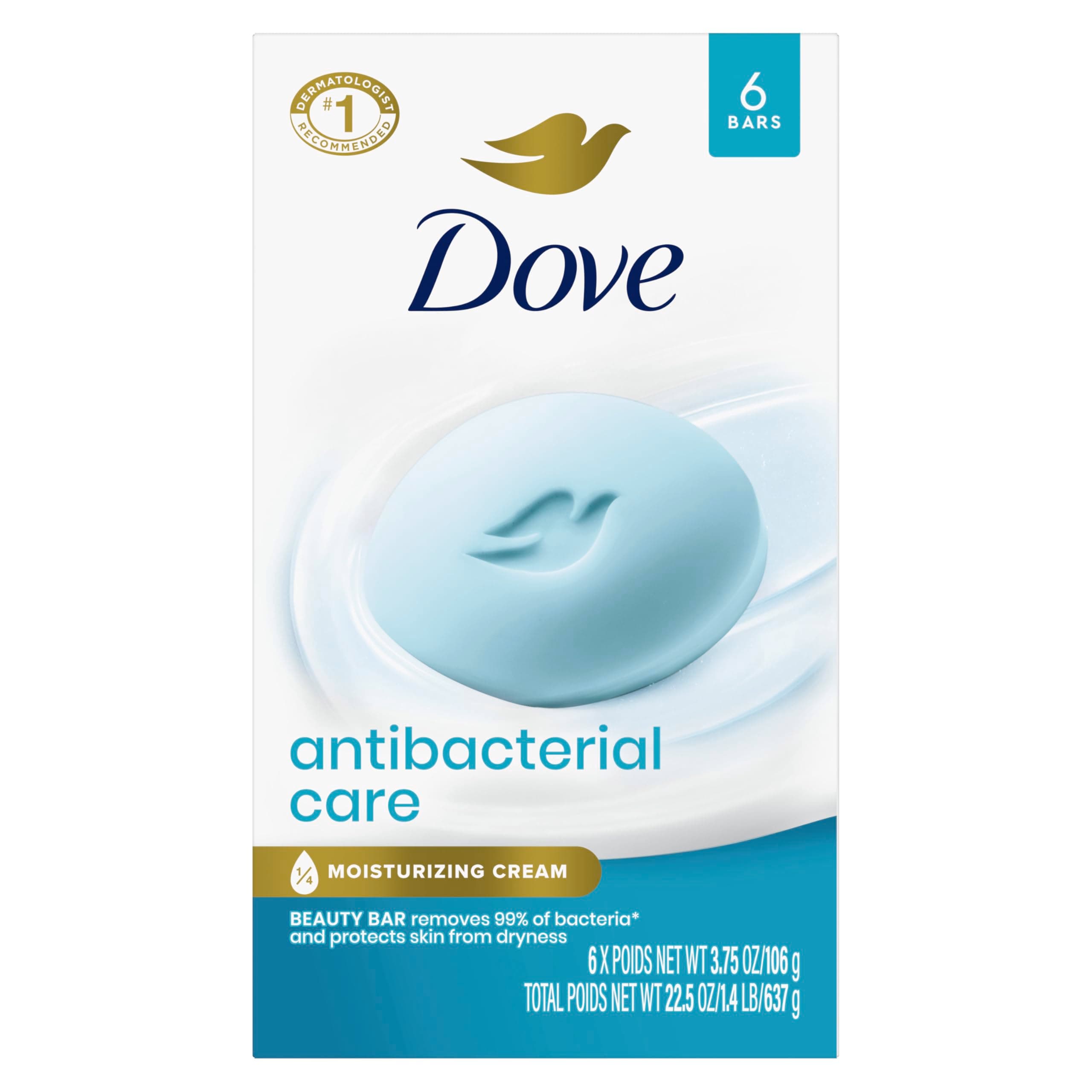 Dove Beauty Bar Soap Antibacterial Care 6 Count For Clean, Moisturized Skin, Removes Bacteria 3.75 oz Antibacterial Care 3.75 Ounce (Pack of 6)