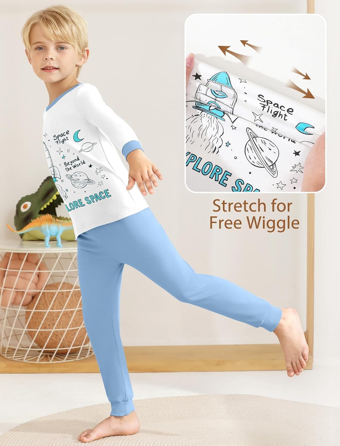 Mikrdoo Boys Pajamas 4-Piece Set Long Sleeve Cotton Stretch Breathable & Soft Snug Fit Sleepwear for Kids 2-12Years White&blue Spaceship 7 Years - Image 5