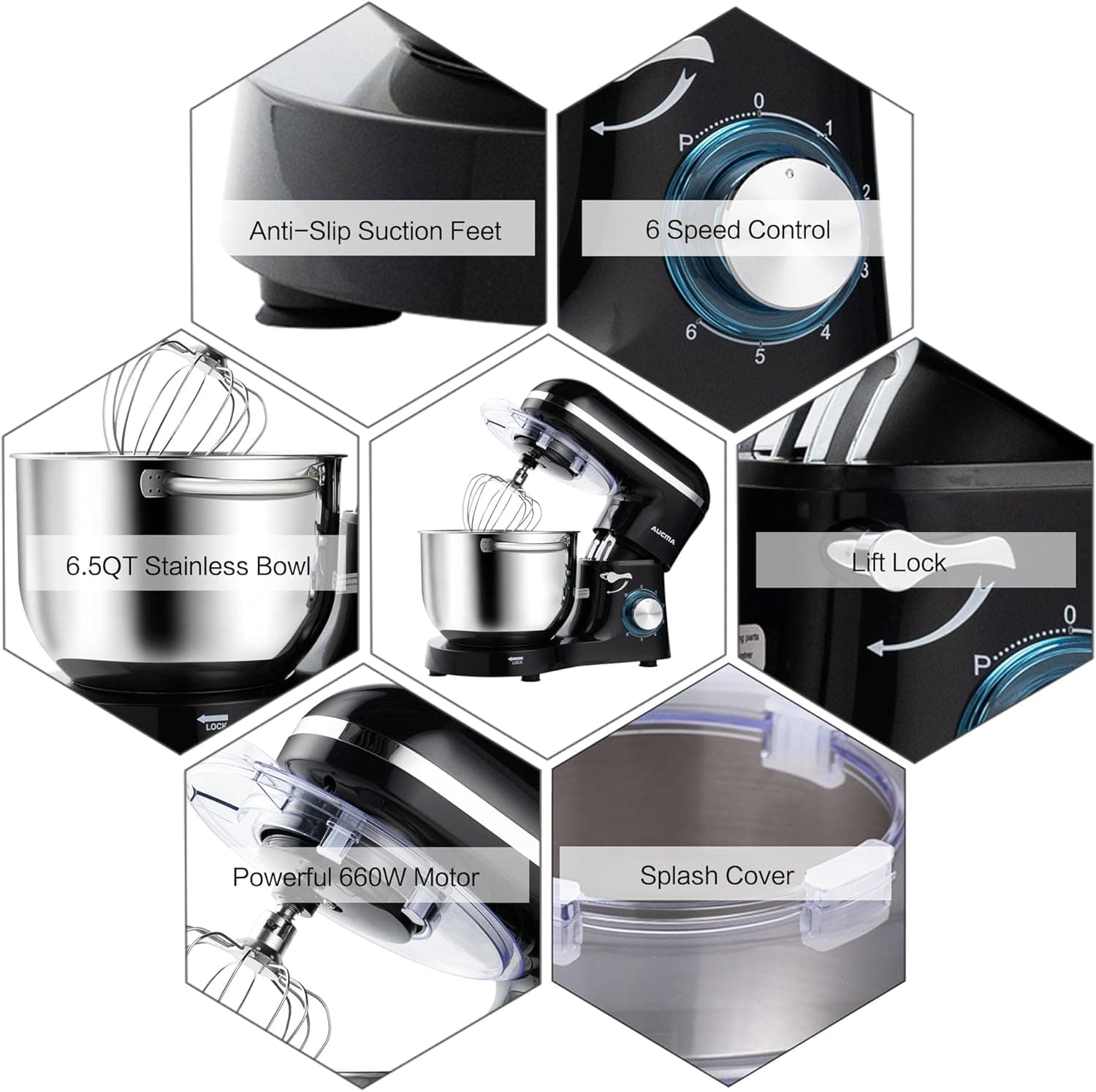 Aucma Stand Mixer,6.5-QT 660W 6-Speed Tilt-Head Food Mixer, Kitchen Electric Mixer with Dough Hook, Wire Whip & Beater (6.5QT, Black) 6.5QT Black - Image 4