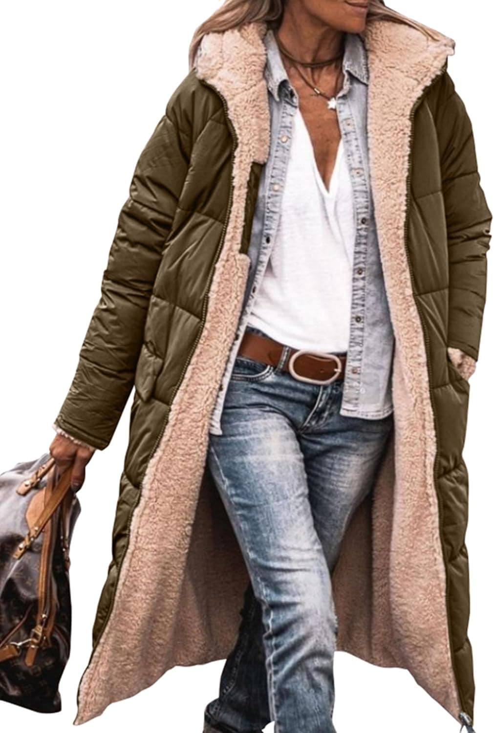 PRETTYGARDEN Women's 2025 Winter Fashion Clothes Oversized Shearling Fleece Long Coats Jackets Medium Light Army Green - Image 2