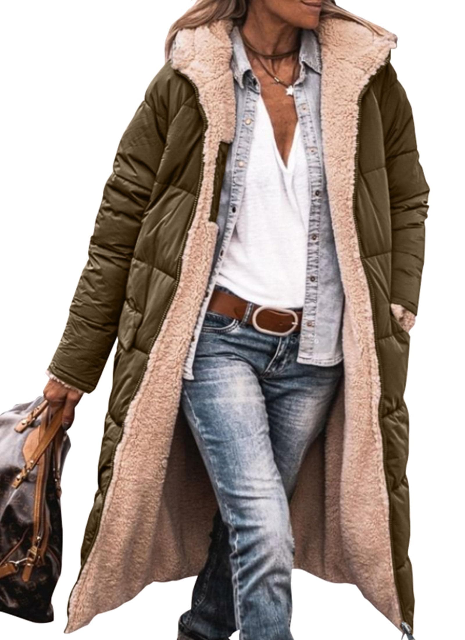 PRETTYGARDEN Women's 2025 Winter Fashion Clothes Oversized Shearling Fleece Long Coats Jackets Medium Light Army Green