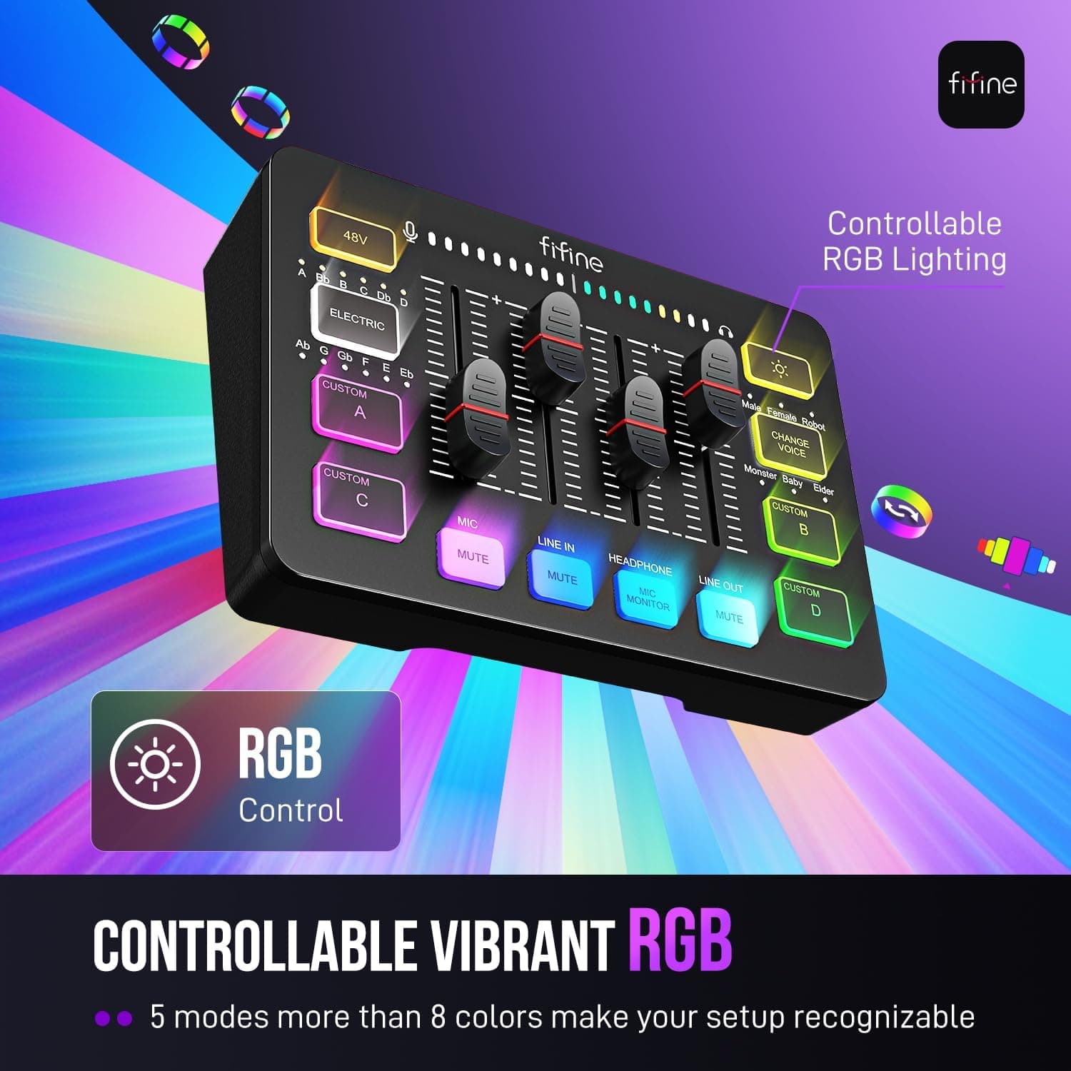 FIFINE Gaming Audio Mixer, Streaming RGB PC Mixer with XLR Microphone Interface, Individual Control, Volume Fader, Mute Button, 48V Phantom Power, for Podcast/Recording/Vocal/Game Voice-AmpliGame SC3 Black - Image 7