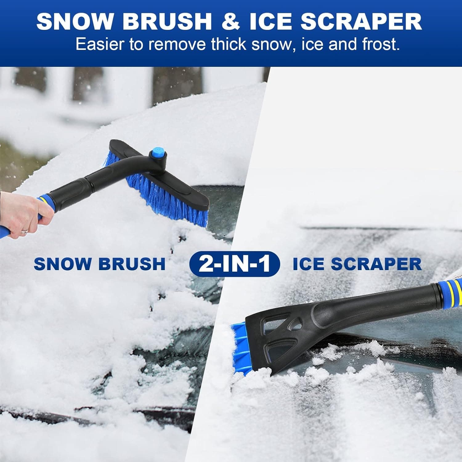 34" Extendable Ice Scrapers for Car Windshield 2-in-1 Snow Brush for Car Snow Scraper for Car Snow Scraper and Drush with Ergonomic Foam Grip for Cars, Trucks, SUVs with 360° Pivoting Brush Head Blue Blue 1Pack - Image 8