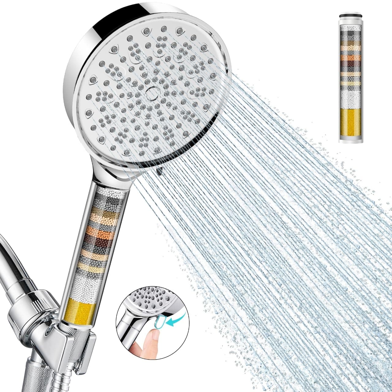 Cobbe Filtered Shower Head with Handheld, High Pressure 6 Spray Mode Showerhead with Filters, Water Softener Filters Beads for Hard Water - Remove Chlorine - Reduces Dry Itchy Skin, Chrome Round ‎‎1. Chrome