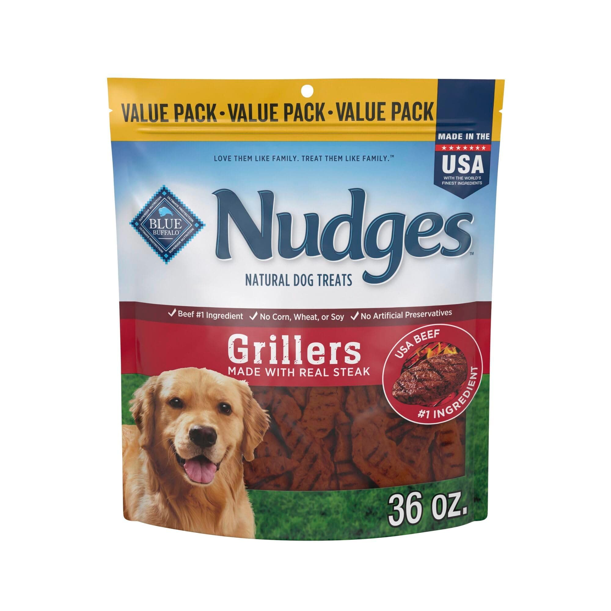 Blue Buffalo Nudges Grillers Galletas Naturales para Perros con Carne de Res Real de EE. UU., Hechas en EE. UU., Bistec, Bolsa de 36 oz (Paquete de 1)