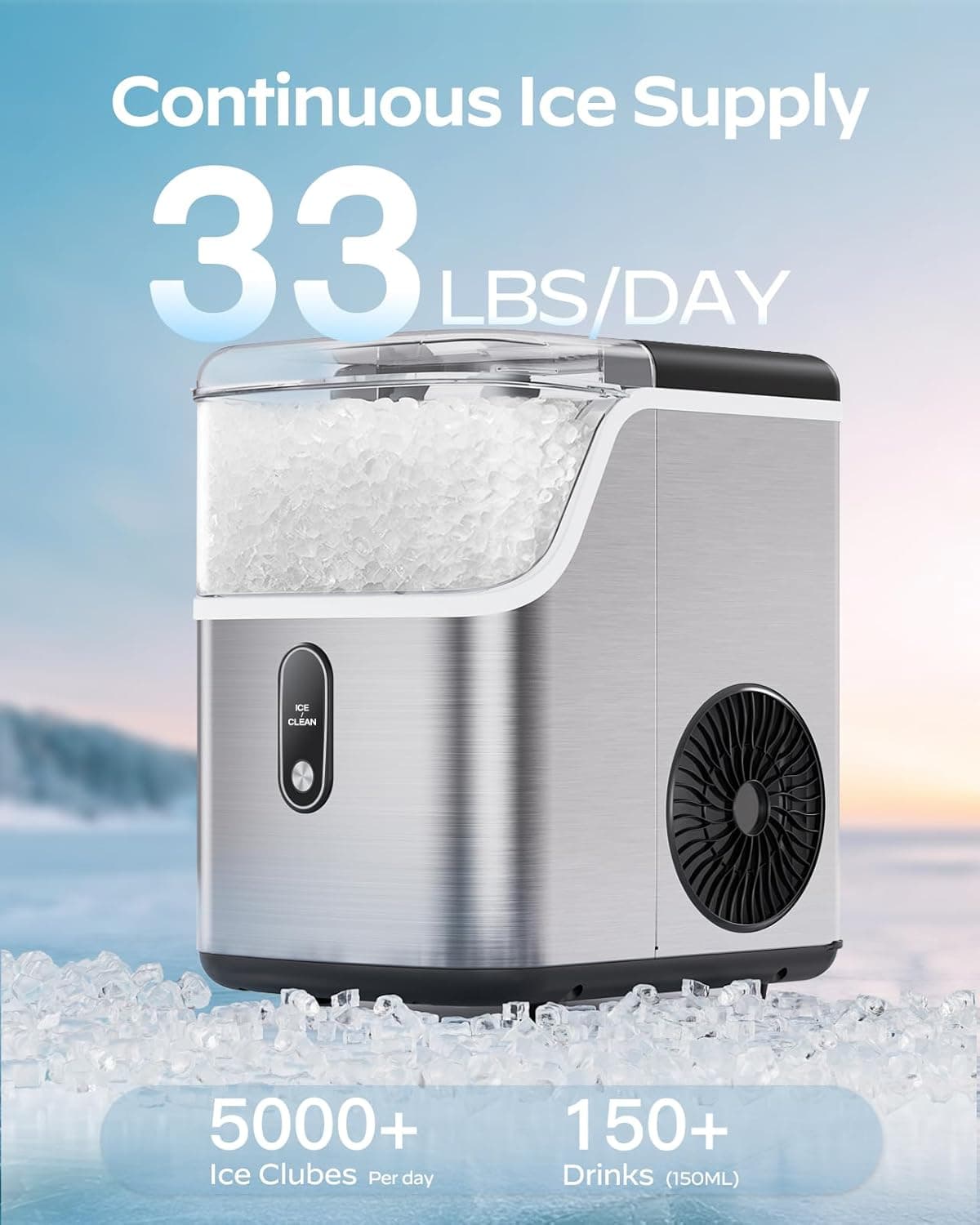 Nugget Ice Maker Countertop, HOMEZAY Pebble Ice Maker with Soft Chewable Pellet Ice, 33 lbs per Day, Compact Ice Machine with Self-Cleaning & LED Indicator for Home, Kitchen, Camping, RV, Office - Image 3