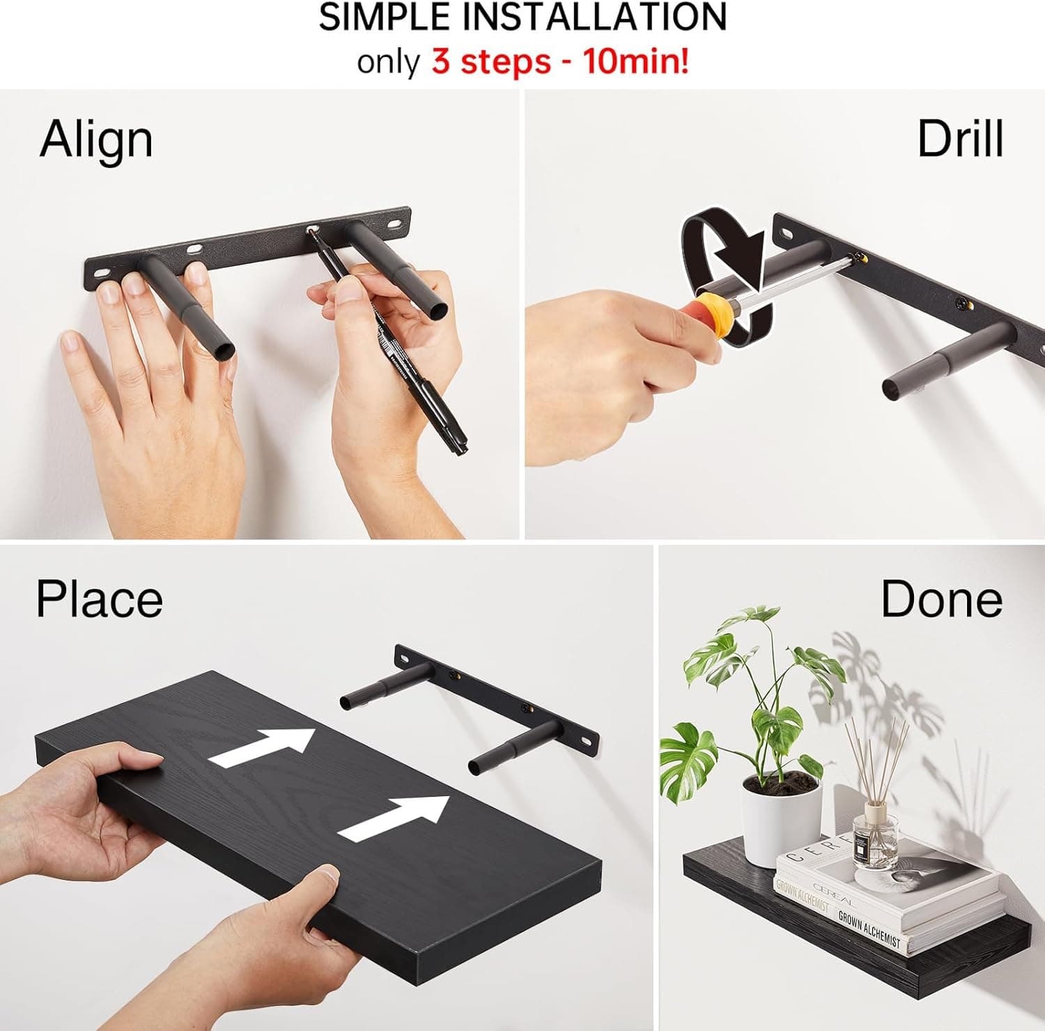 BAYKA Floating Shelves for Wall, Wall Mounted Rustic Wood Shelves for Bathroom, Bedroom, Living Room, Kitchen, Hanging Shelf for Books/Storage/Room Decor with 22lbs Capacity (Black, Set of 3, 15.7in) A. Black - Universal Classic Style 15.7inches - Image 10