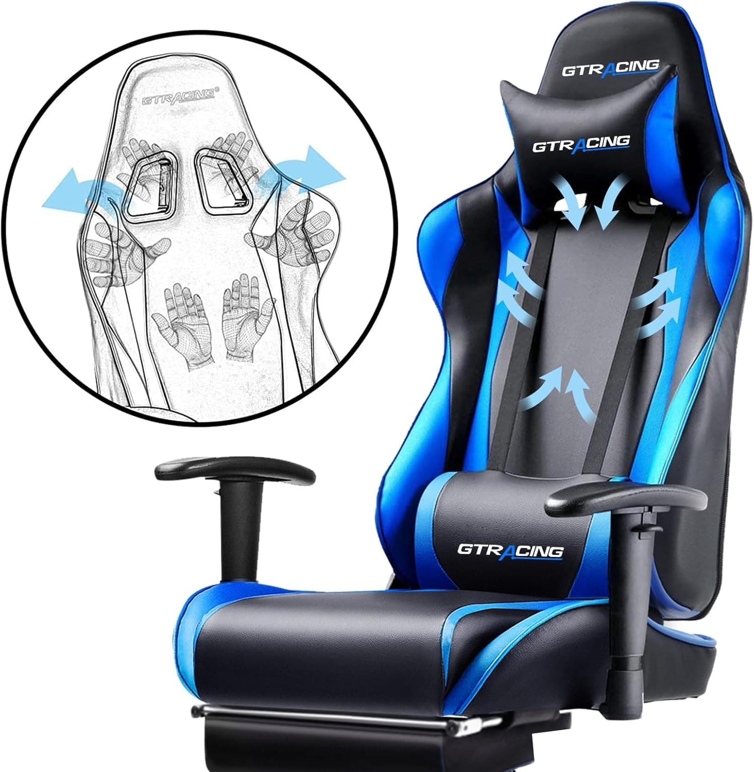 GTRACING Gaming Chair with Footrest, Ergonomic Computer Game Desk Chair, Reclining Game Chair Seat Height Adjustment, Swivel Rocker with Headrest and Lumbar (Blue) Oceanblue - Image 6