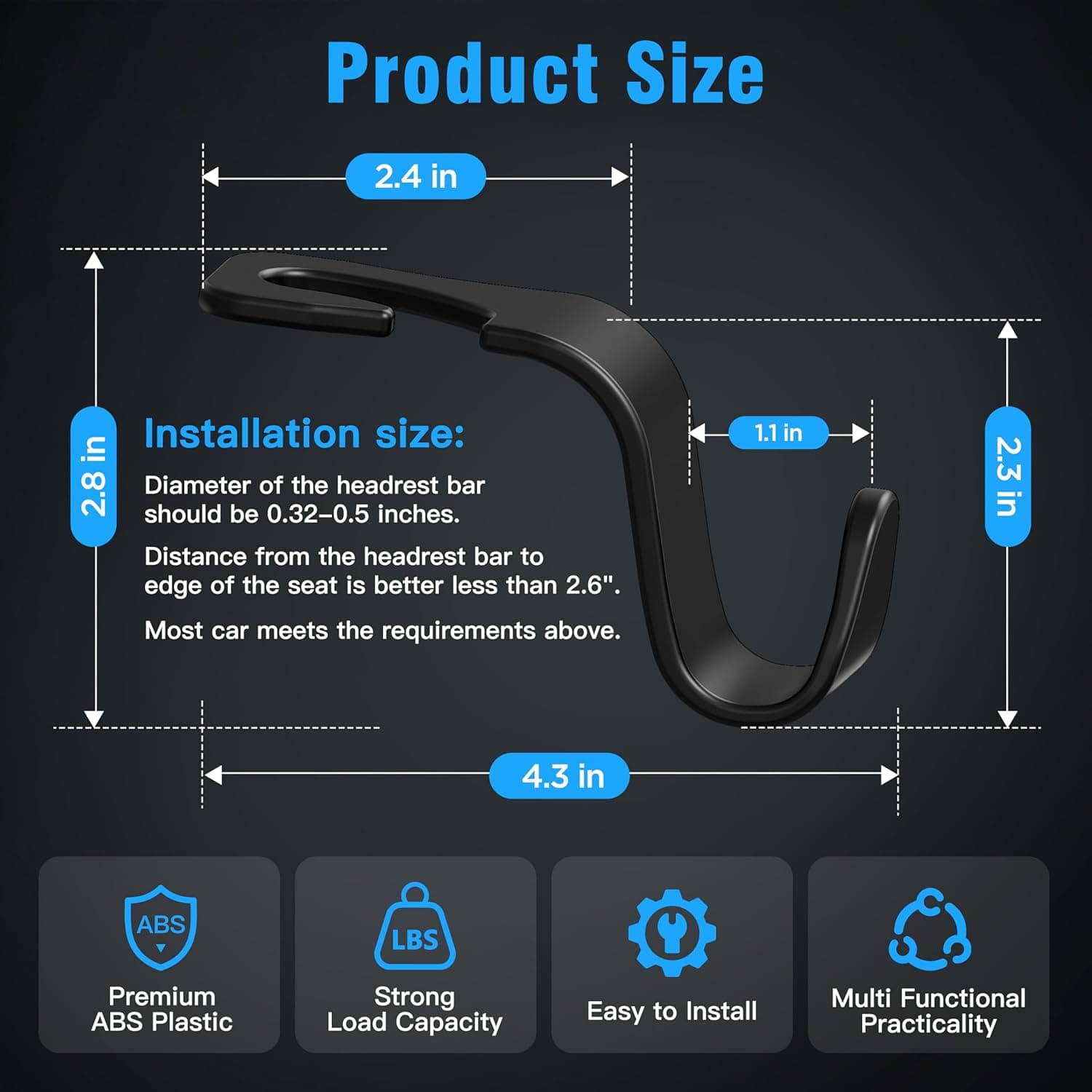 Amooca Car Seat Headrest Hook 4 Pack Hanger Storage Organizer Universal for Handbag Purse Coat fit Universal Vehicle Car Black S Type - Image 6