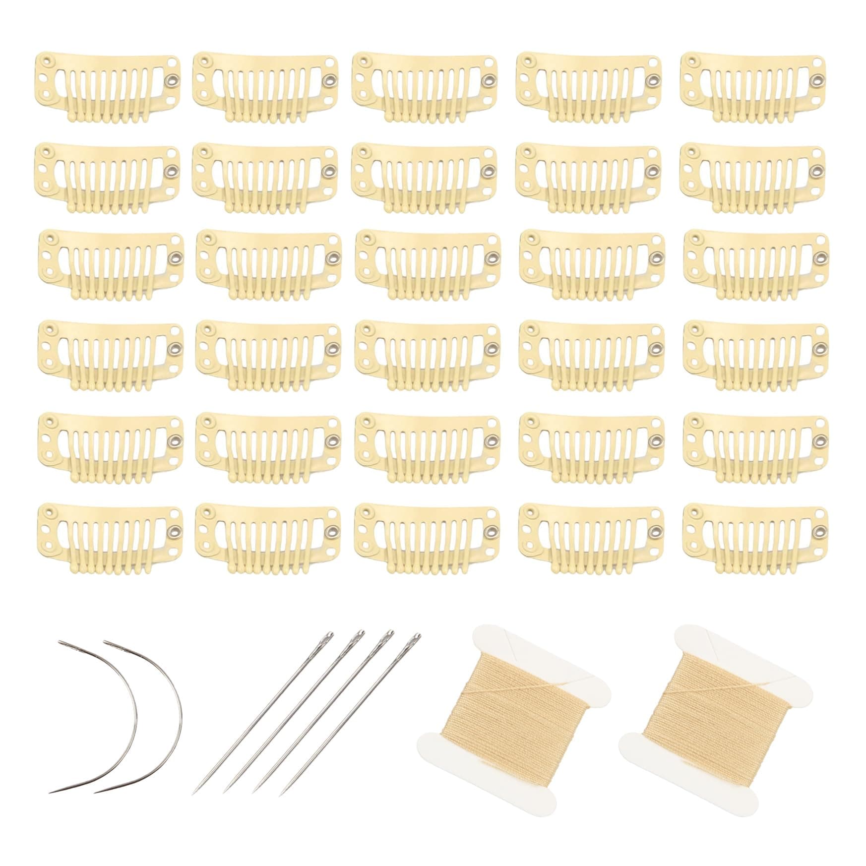 30pcs 9 Teeth Stainless Steel Snap Comb Wig Clips, Hair Extension Clips, Wig Accessories Clip with 6pcs Sewing Needles and 2pcs Thread (Beige) Beige 9-Teeth 30pcs