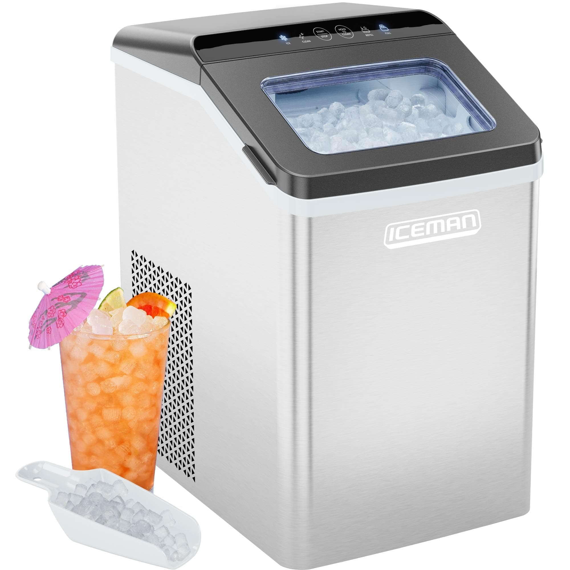 Iceman Pebble Ice Machine, Countertop Nugget Ice Maker Produces Chewable Pellet Ice in 20 Minutes, Makes 33lbs/Day, with One-Touch Cleaning Function and Ice Scoop/Basket Included – Stainless Steel Nugget/Pebble Ice Maker