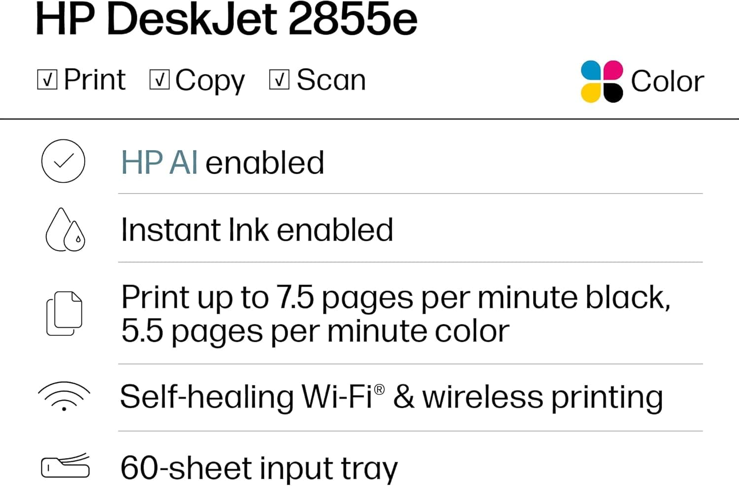 HP DeskJet 2855e Wireless All-in-One Color Inkjet Printer, Scanner, Copier, Best-for-home, 3 months of Instant Ink included, Single-band Wi-Fi connectivity (588S5A) - Image 2