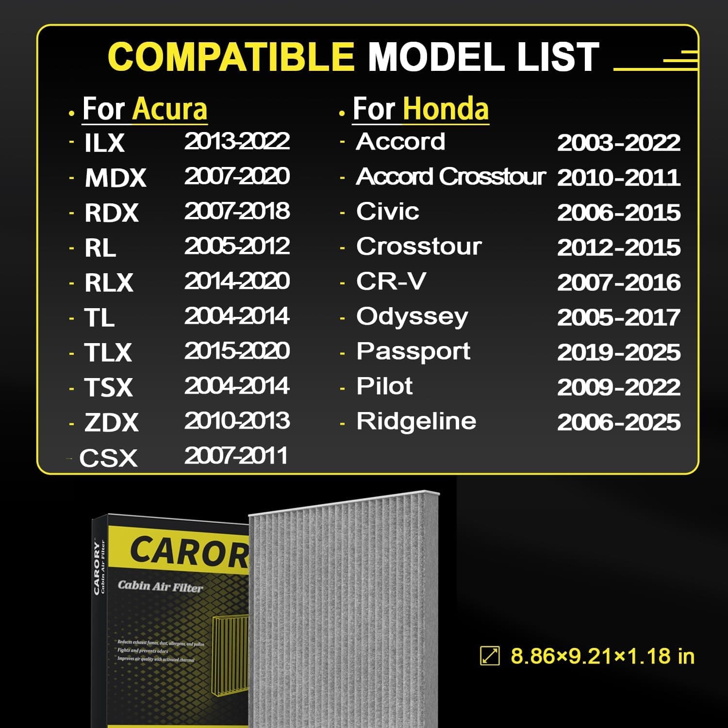Cabin Air Filter w/Activated Carbon for Honda Accord 2003–2022, Civic 2006–2015, CR-V 2007–2016, Odyssey 2005–2017, Pilot 2009–2022, Ridgeline 2006–2025, Acura MDX 2007–2020 and More CF134 - Image 2