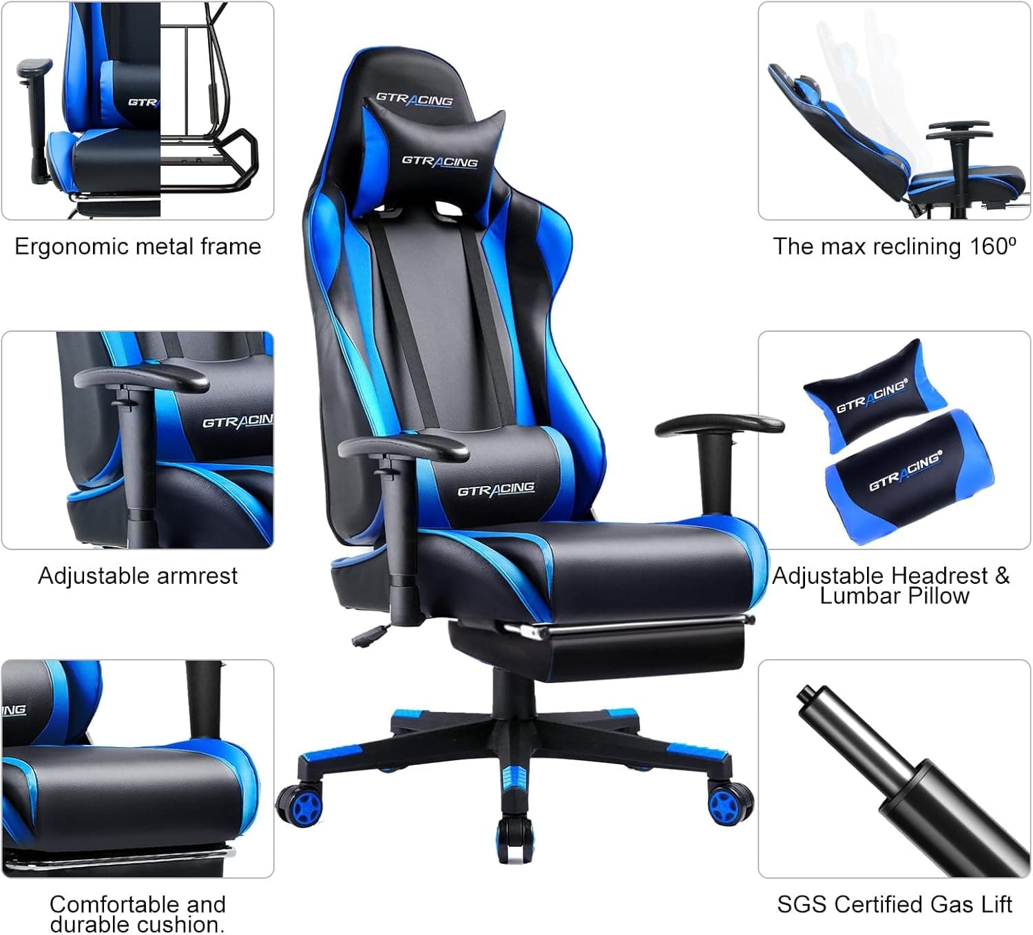 GTRACING Gaming Chair with Footrest, Ergonomic Computer Game Desk Chair, Reclining Game Chair Seat Height Adjustment, Swivel Rocker with Headrest and Lumbar (Blue) Oceanblue - Image 7