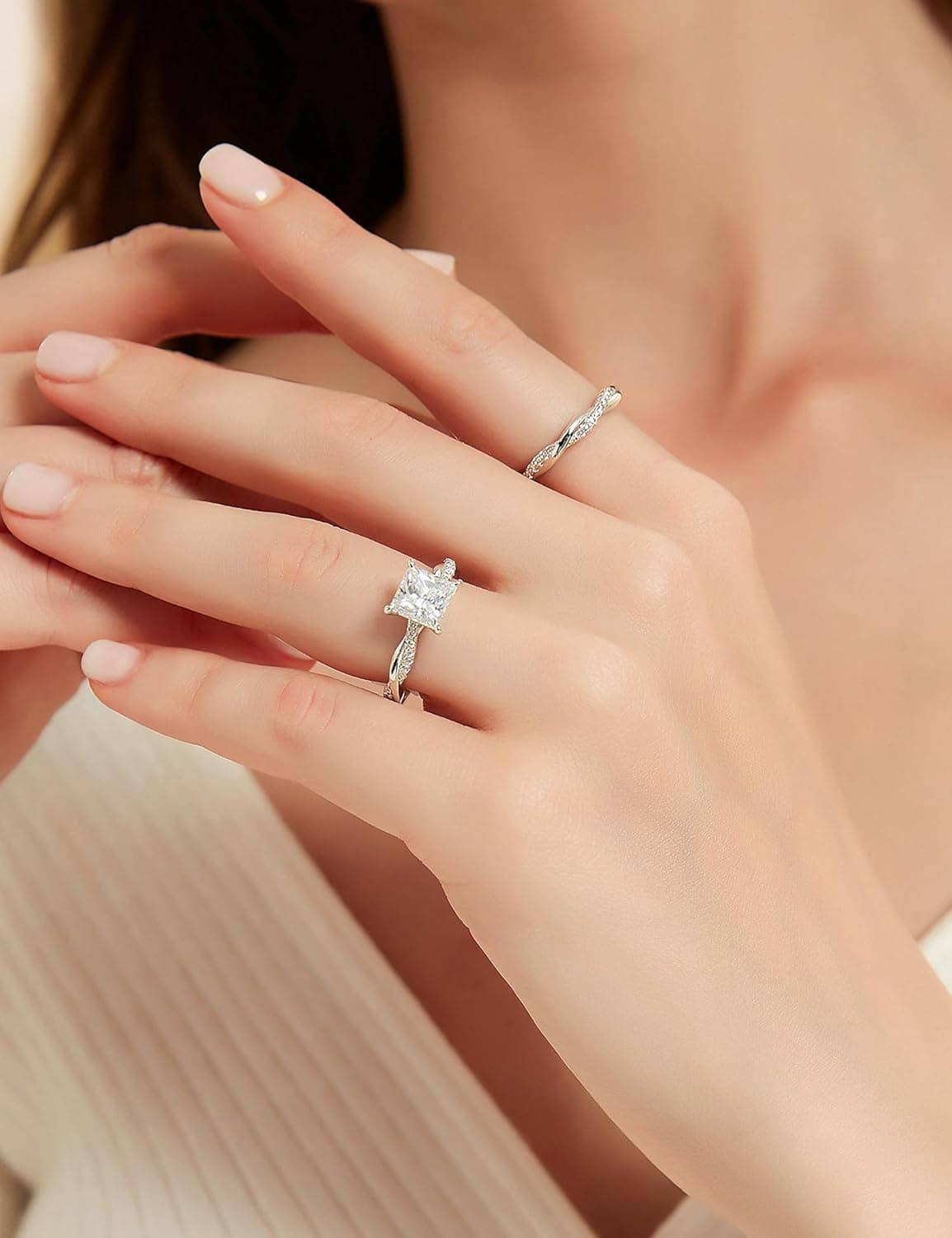 Mameloly 2ct Wedding Band for Women Princess Cut Bridal Ring Sets Cubic Zirconia Promise Engagement Rings Twisting Infinity Pave Set Size 4-12 Silver 7 - Image 5