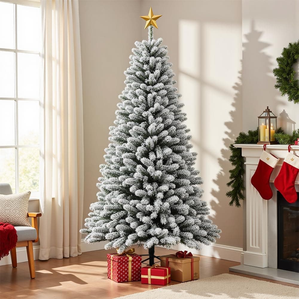 Prelit Christmas Tree With Lights 6ft - Premium Snow Flocked Artificial Xmas Tree, With 874 Branch Tips and 250 Warm Lightsm, Support Automatique,Perfect Choice for Christmas Decorations,White - Image 8