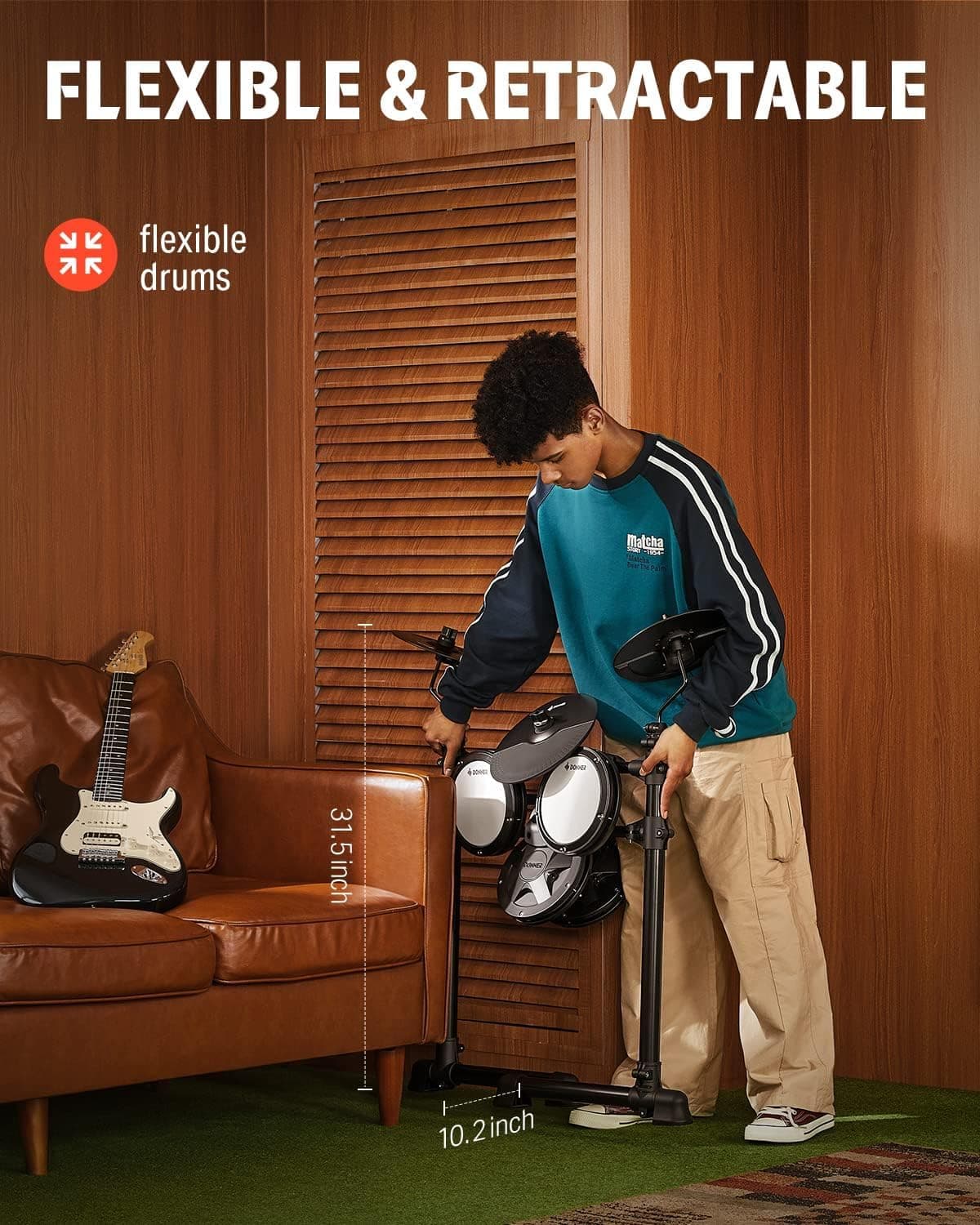 Donner DED-80 Electronic Drum Set with 4 Quiet Mesh Pads, 180+ Sounds, 2 Pedals, Throne, Headphones, Sticks, and Melodics Lessons Black - Image 4