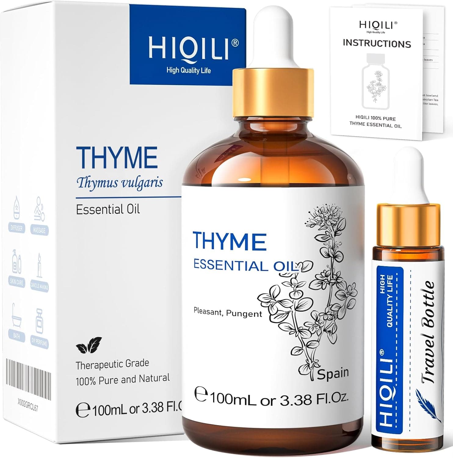 HIQILI 3.38 Fl Oz Thyme Essential Oil, 100% Pure Undiluted for Hair, Skin, Diffuser, Aromatherapy, Includes 10ML Travel Bottle - 100ML Thyme 3.38 Fl Oz (Pack of 1) - Image 2