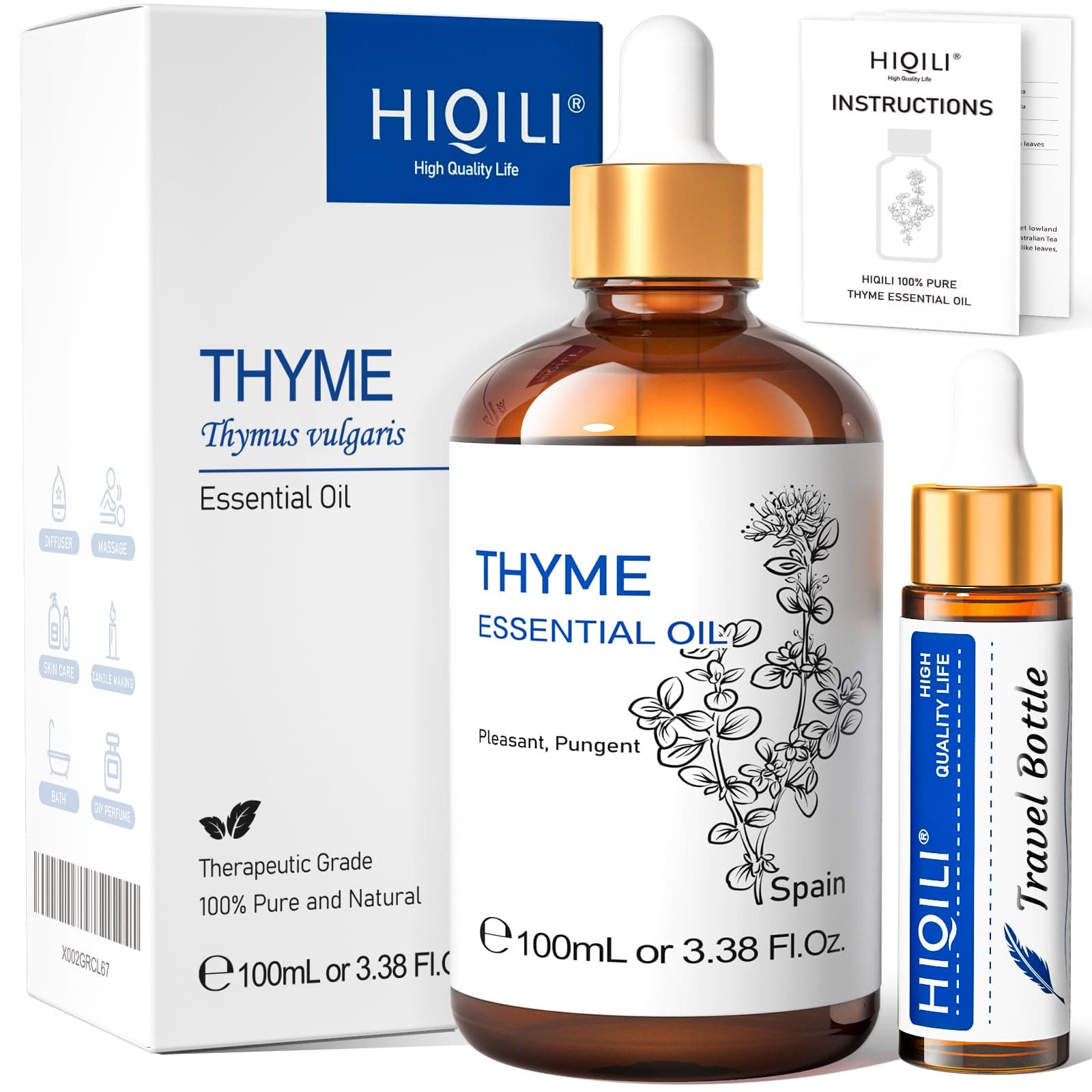 HIQILI 3.38 Fl Oz Thyme Essential Oil, 100% Pure Undiluted for Hair, Skin, Diffuser, Aromatherapy, Includes 10ML Travel Bottle - 100ML Thyme 3.38 Fl Oz (Pack of 1)