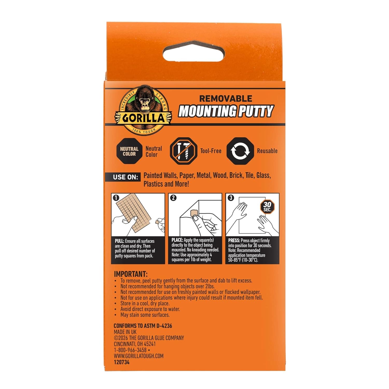 Gorilla Mounting Putty, Natural Tan Color, 168 Pre-Cut Squares (Pack of 1) - Non-Toxic Removable & Repositionable Wall Putty 4 Ounce 1 Pack - Image 9