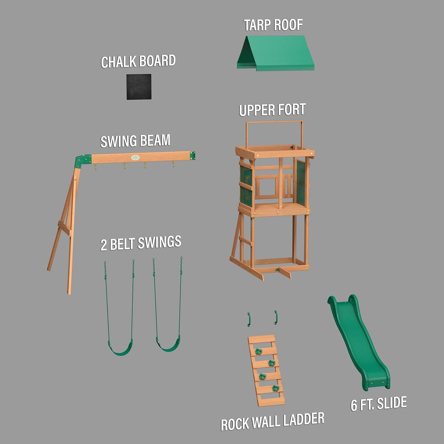 Backyard Discovery Buckley Hill Cedar Wood Swing Set with Wave Slide, Play Deck, Rock Wall Ladder, Belt Swings, Chalkboard, Canopy Roof, Outdoor Playset Green - Image 8