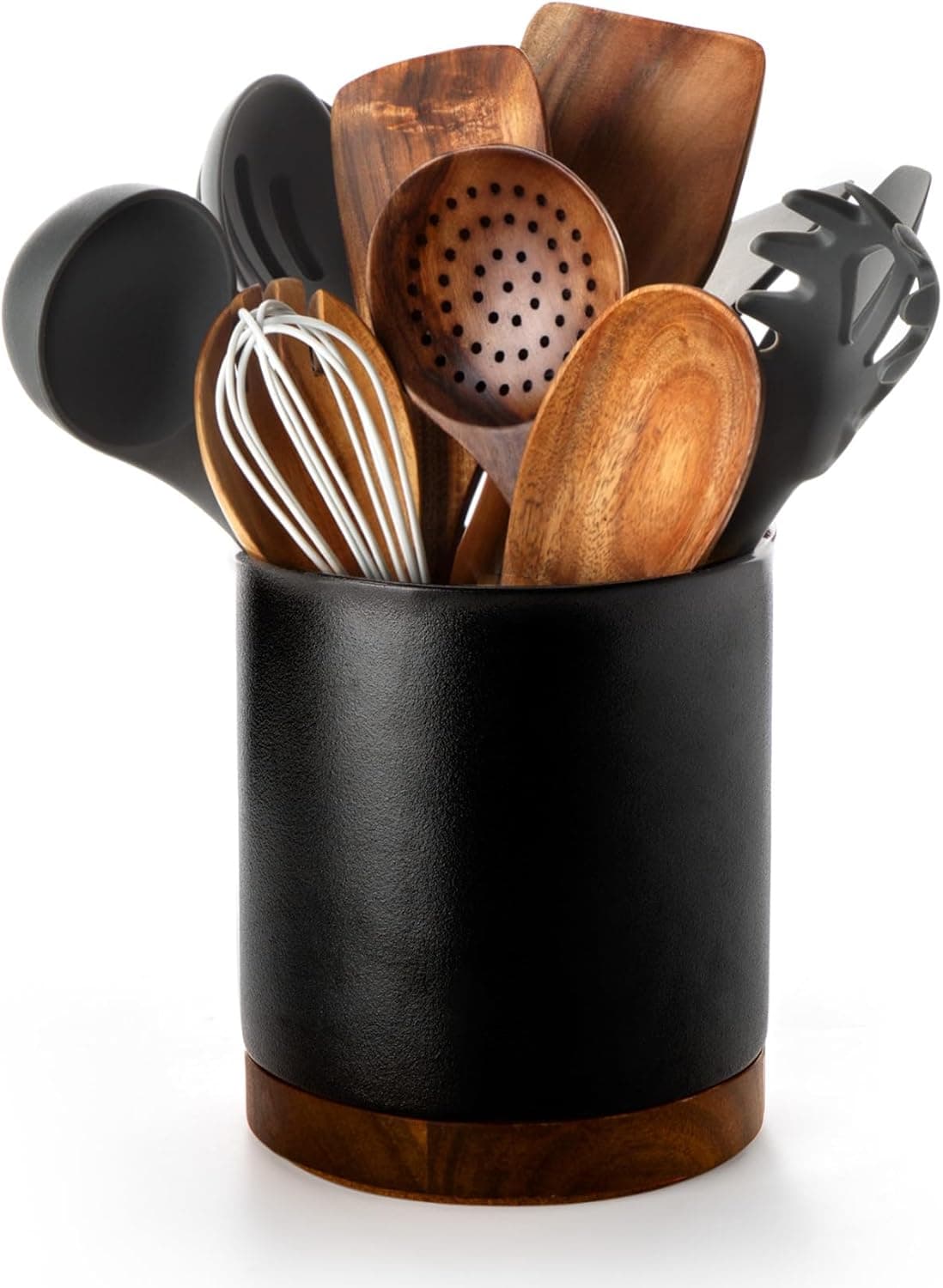 Nucookery 360°Rotating Utensil Holder, 7.2" Kitchen Utensil Crock, Ceramic Cooking Utensil Organizer with Countertop-Protection Cork Bottom for Farmhouse Kitchen Decor Christmas (Stone Black) - Image 2