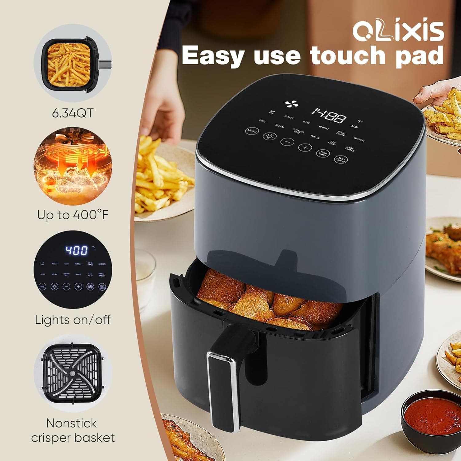 OLIXIS Air Fryer 6 Quart with Window Square Air Fryer 12-in-1 Air Fry, Roast, Reheat, Dehydrate, Bake, Steam, Fries, Custard, Chicken, Wings, Sea Food, Vegetabels,400F Grey Dark Grey - Image 6