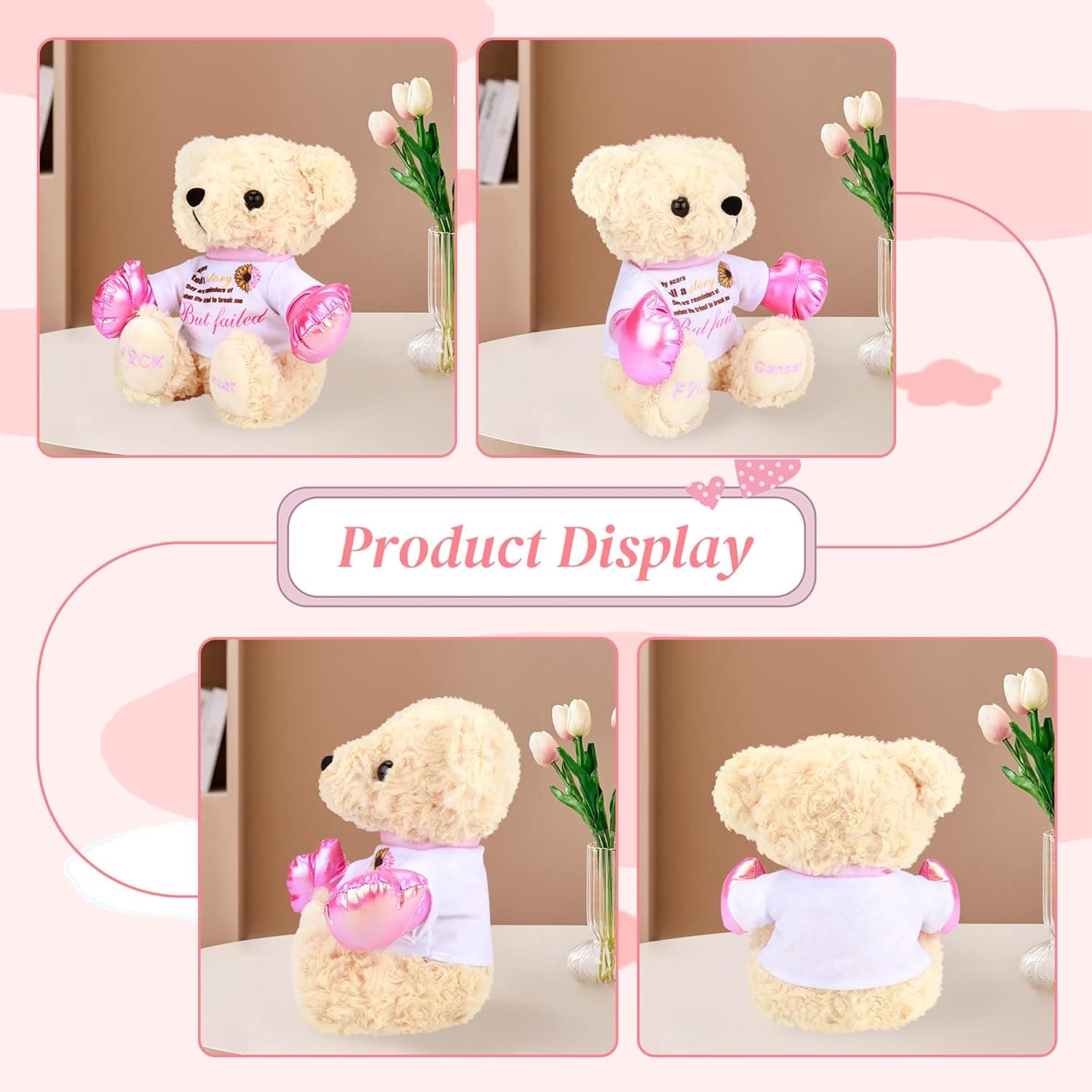 Breast Cancer Awareness Stuffed Bear Plush – 8" Fuck Cancer Teddy Bear Stuffed Animal Toy with Pink Boxing Gloves, Breast Cancer Comfort Gifts for Women, Inspirational Gift For Cancer Warrior Fighter Breast Cancer Teddy Bear - Fuck Cancer - Image 5