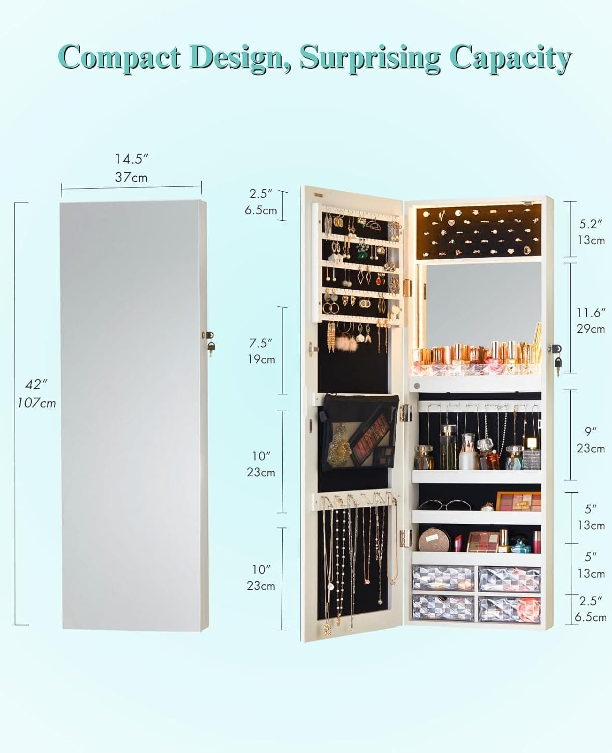 LUXFURNI LED Lights Mirror Jewelry Cabinet Wall Mounted or Door-Hanging, 42" Full Length Mirror with Storage, Built-in Makeup Mirror, Lockable Jewelry Mirror Organizer, White Full Frame White - Image 8