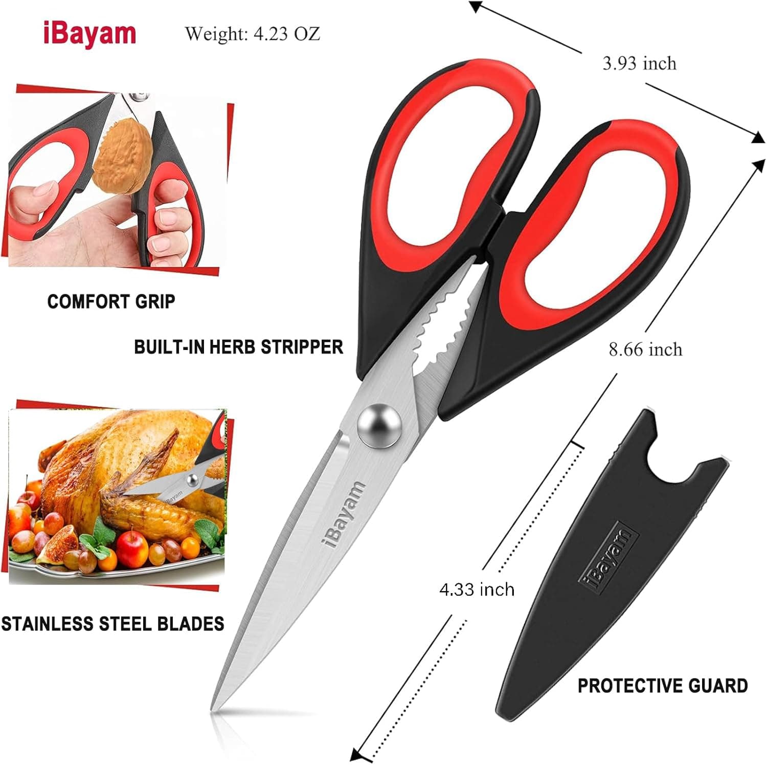 iBayam Kitchen Scissors All Purpose Heavy Duty, Kitchen Utensils Set, Stainless Steel Cooking Utensils Gadgets, Meat Poultry Food Shears Dishwasher Safe Utility Tools Home Gift, with Protective Sheath Black Red, Black Gray 2-Pack - Image 4