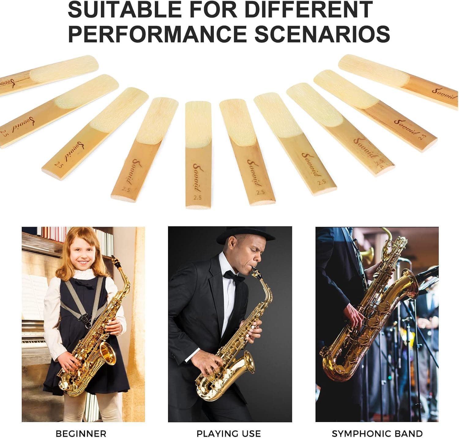 10 Pack Professional Alto Saxophone Reeds with Plastic Box, Strength 2.5 Alto Sax Reeds, Laser Engraved Marking & Thinner Reed Tip for Easy of Play, Traditional Reeds for Saxophone Alto Strength 2.5 Light Brown - Image 8