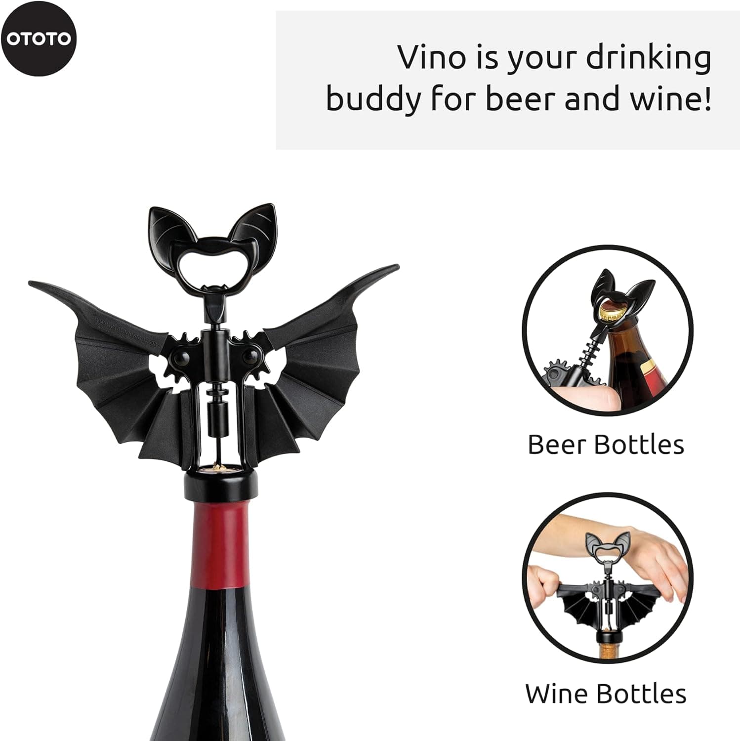 OTOTO Vino Spooky Bat 2-in-1 Wine & Beer Opener, Corkscrew & Bottle Opener - Goth Wine Accessories & Gifts for Wine Lovers - Image 4