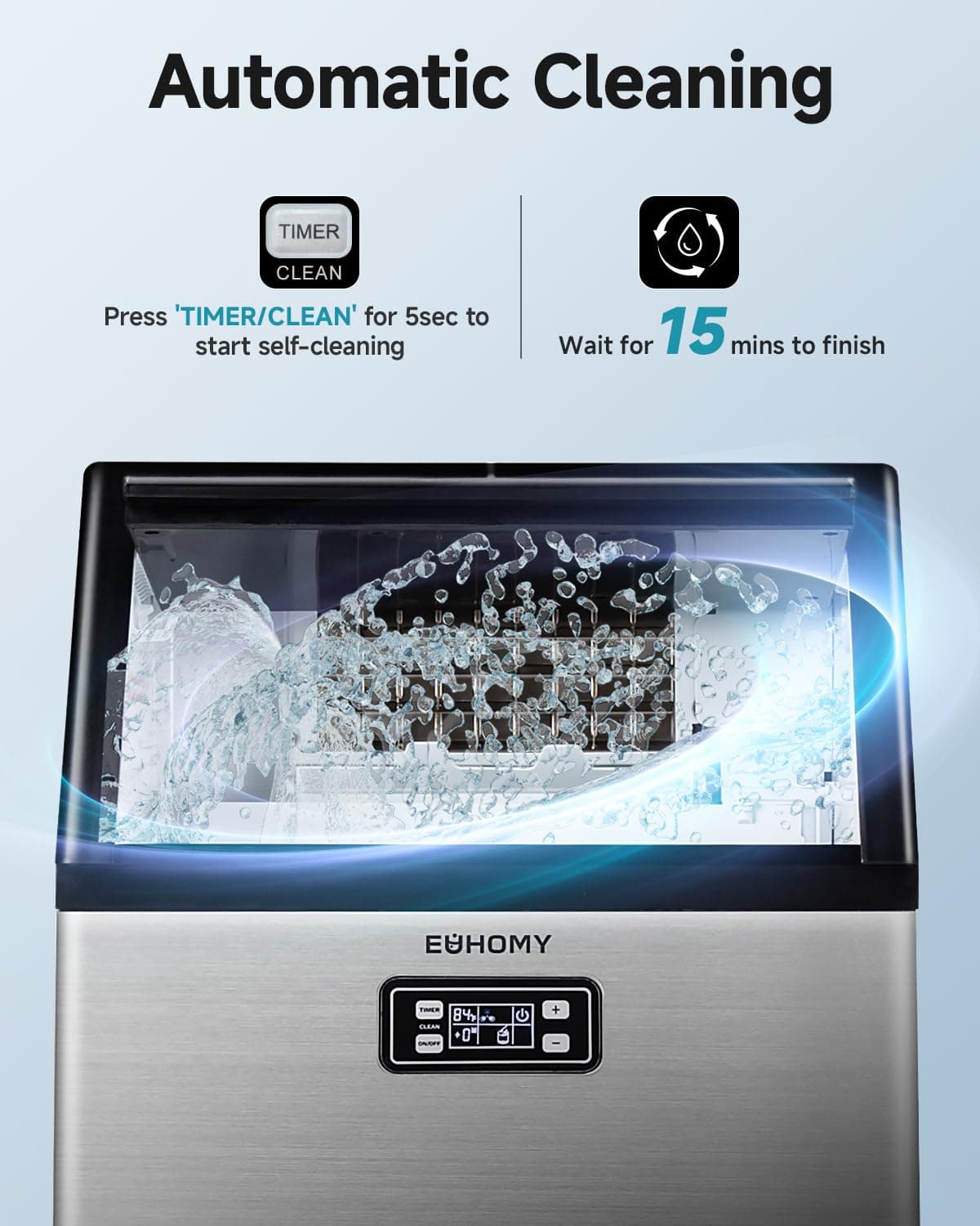 EUHOMY Commercial Ice Maker Machine, 100lbs/24H Stainless Steel Under Counter ice Machine with 33lbs Ice Storage Capacity, Freestanding Ice Maker. - Image 6